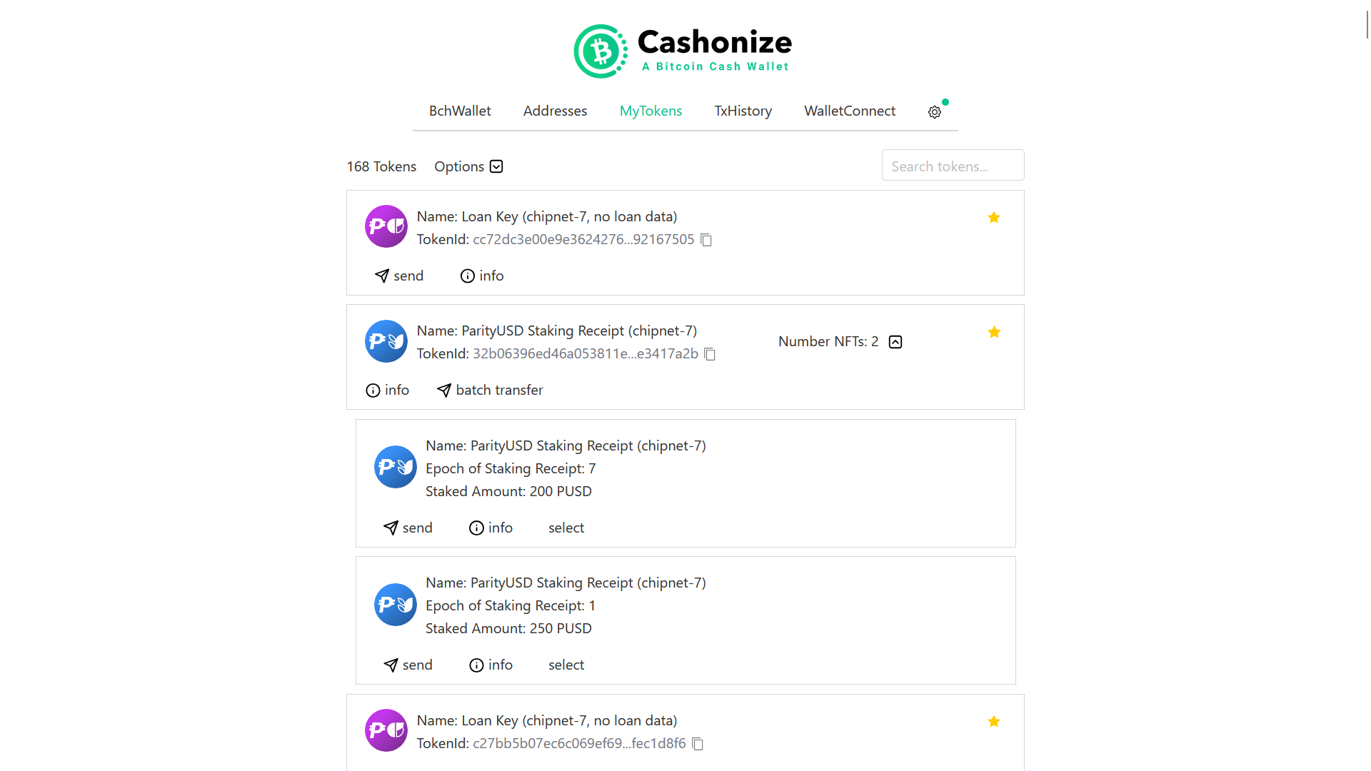 Cashonize displaying ParityUSD tokens with parsed BCMR metadata